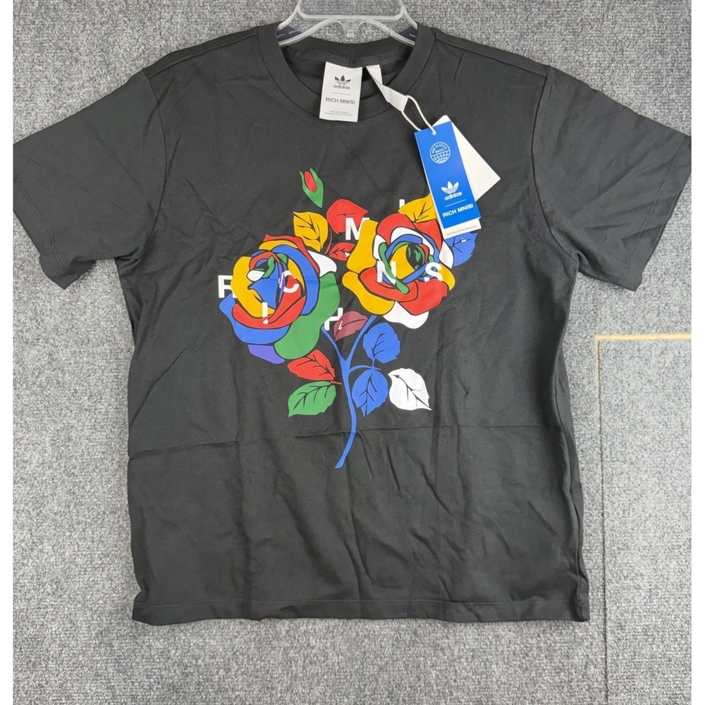 NWT Adidas RICH MNISI Floral Rose Black T Shirt Women's Medium Activewear